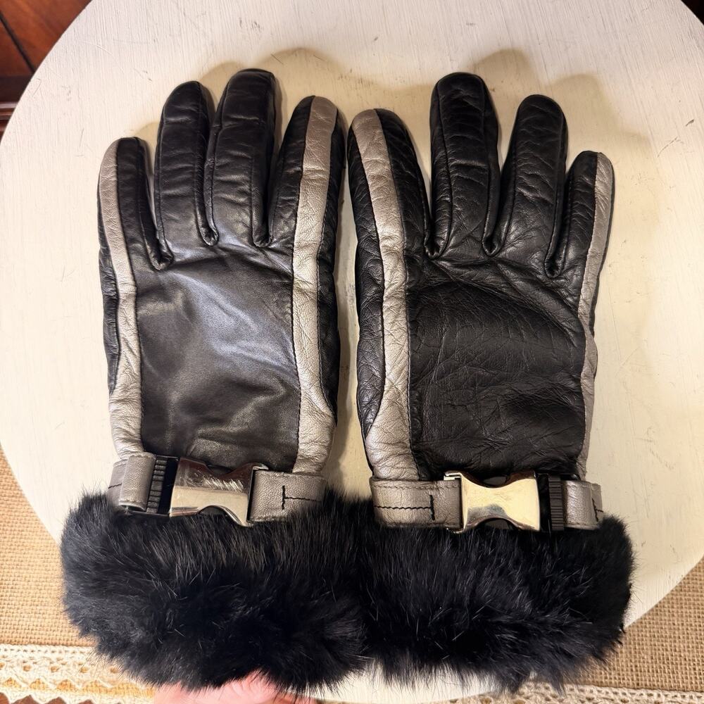 RARE Neiman Marcus Sheepskin Leather Gloves Rabbit Fur Trim Black Gray Womens M